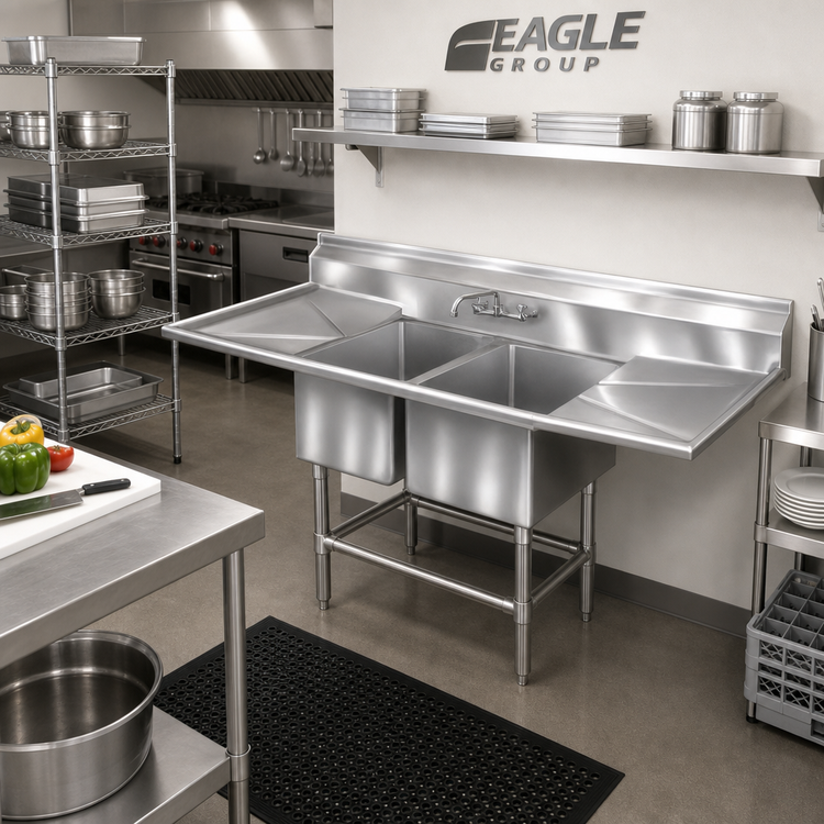 Product image #2 for Eagle Spec-Master FN Series Coved Corner Two-Compartment Sink with 30-Inch Left Drainboard, 67-1/2 x 27 Inches, 14 Gauge Stainless Steel