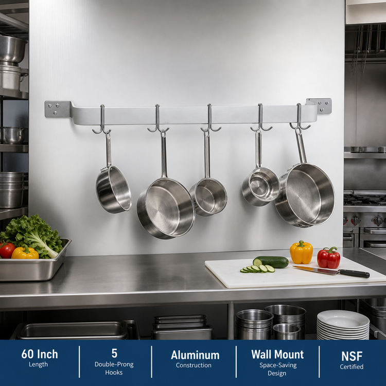 Product image #2 for Eagle Group 60 Inch Aluminum Wall Mount Single-Bar Pot Rack with 5 Double-Prong Hooks