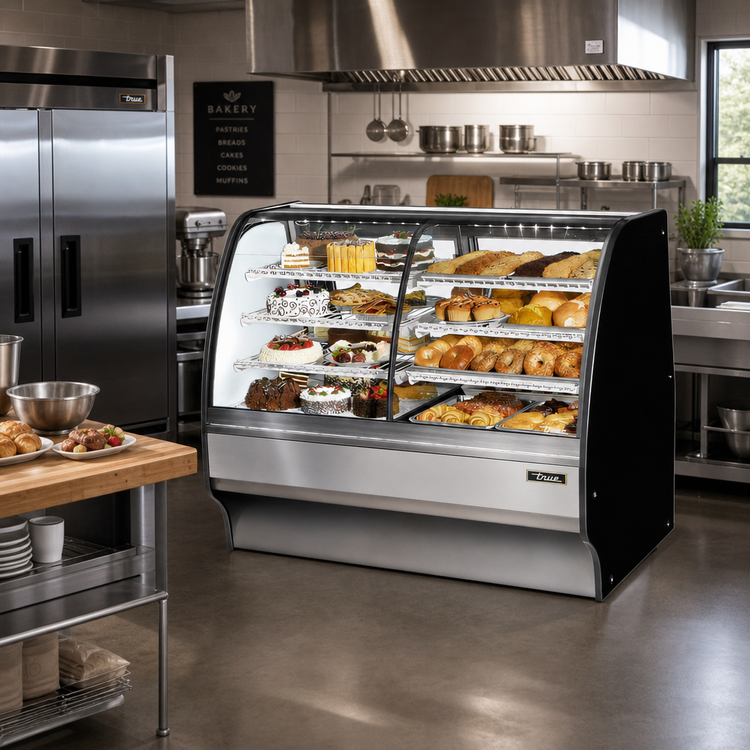 Product image #2 for True 59-1/4 Inch Dual Zone Dry/Refrigerated Curved Glass Full-Service Floor Merchandiser, Stainless Steel, Self-Contained R290