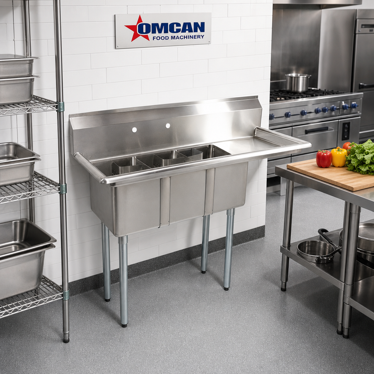 Product image #2 for Omcan USA Three-Compartment Space Saver Sink with 16-Inch Right Drain Board