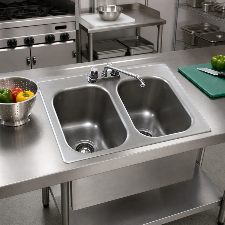 Product image #2 for Eagle Group Self-Rimming Two-Compartment Drop-In Sink with 12 x 14 x 9-1/2 Inch Bowls, Faucet and Basket Drains