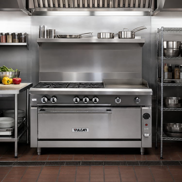 Product image #2 for Vulcan V Series 36-Inch Heavy-Duty Gas Range with 2 Open Burners, 18-Inch Thermostatic Griddle, and Convection Oven Base