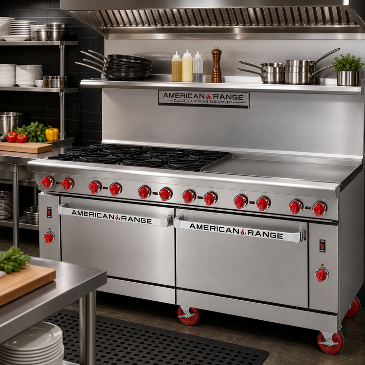 Product image #2 for American Range Green Flame 72-Inch Gas Combination Range with 36-Inch Griddle, 6 Open Burners, and 2 Convection Ovens