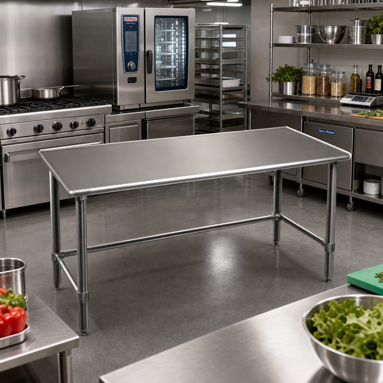 Product image #2 for Spec-Master 72" x 48" 14-Gauge 300 Series Stainless Steel Work Table with Rolled Edges and Open Base