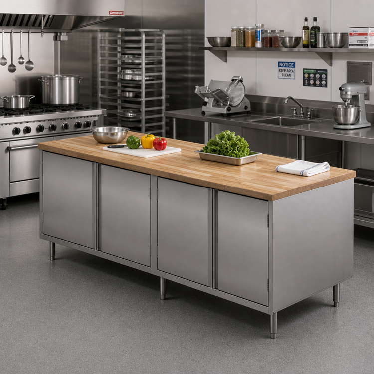 Product image #2 for BK Resources Hard Maple Top Chef Table with Stainless Steel Cabinet Base and Hinged Doors, 96 x 36 x 34-3/4 Inches
