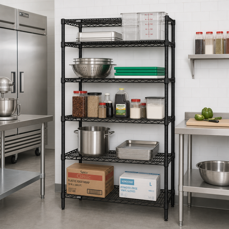 Product image #2 for Quantum 36W x 18D x 86H Stationary Wire Shelving Starter Kit, 5 Shelves, Black Epoxy Finish