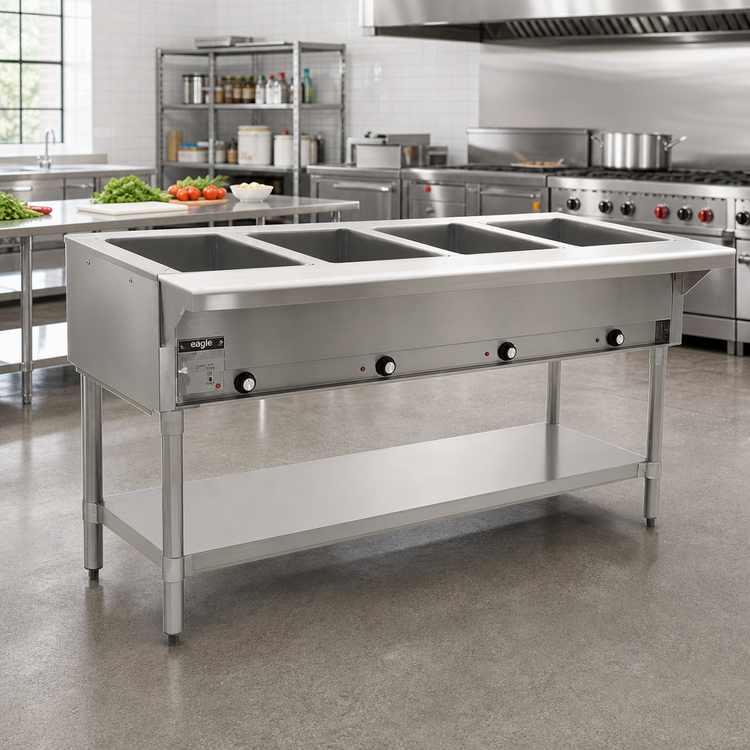 Product image #2 for Eagle SDHT4-240 Electric Stationary Open-Base Hot Food Table with 4 Dry Wells, Stainless Steel, 240V