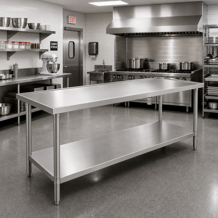 Product image #2 for Advance Tabco 84-Inch x 36-Inch 14-Gauge 304 Stainless Steel Work Table with Adjustable Undershelf