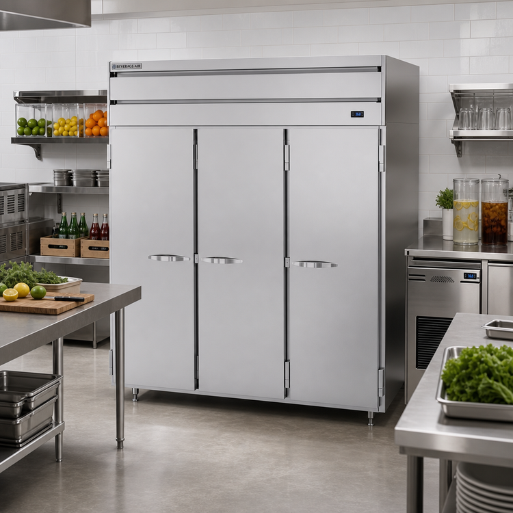 Product image #2 for Beverage-Air P-Series PRD3HC-1AS Three-Section Pass-Thru Reach-In Refrigerator, 6 Solid Doors, 73.99 Cu. Ft., Top-Mounted Self-Contained Refrigeration