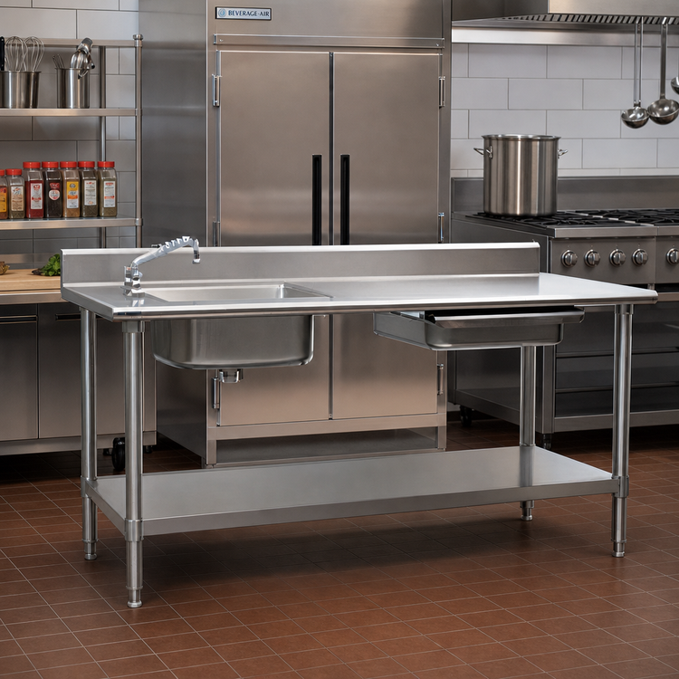 Product image #2 for Eagle Group Spec-Master 96-Inch Stainless Steel Prep Sink Table with Left Sink, Right Drawer and Undershelf