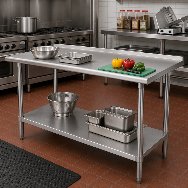 Product image #2 for Advance Tabco 84 Inch x 24 Inch 16-Gauge 430 Stainless Steel Work Table with 1-1/2 Inch Rear Up-Turn and Adjustable Undershelf