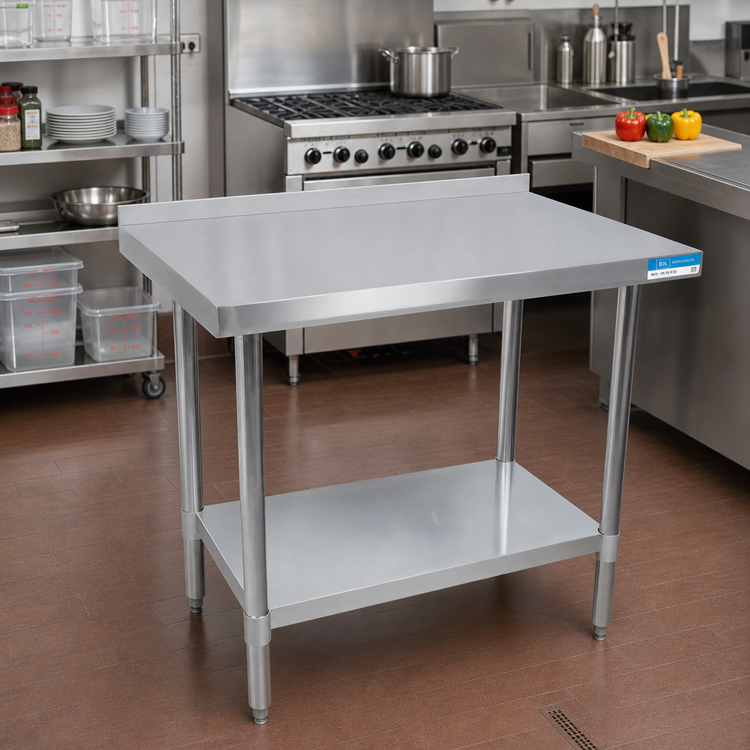 Product image #2 for BK Resources 48" x 24" 18-Gauge 430 Stainless Steel Work Table with 1-1/2" Rear Riser and Adjustable Undershelf