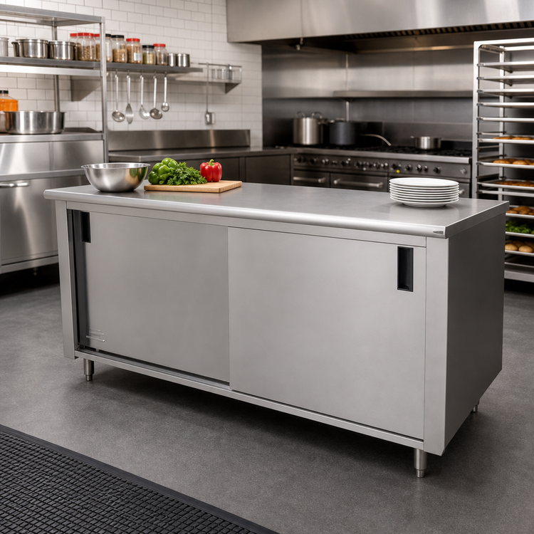 Product image #2 for Advance Tabco 144-Inch x 36-Inch Enclosed Work Table with Sliding Door Cabinet Base and 14-Gauge 304 Stainless Steel Top