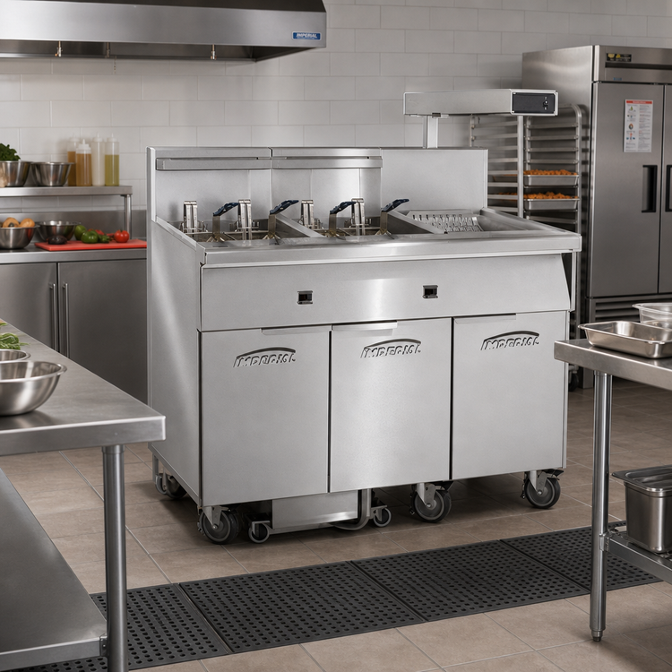 Product image #2 for Imperial Electric Floor Model 5-Tank Battery Fryer with Built-In Filter System and Dump Station