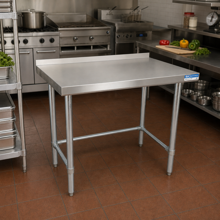 Product image #2 for BK Resources 60-Inch x 18-Inch Stainless Steel Open Base Riser Top Work Table with 1-1/2-Inch Rear Riser and Galvanized Legs