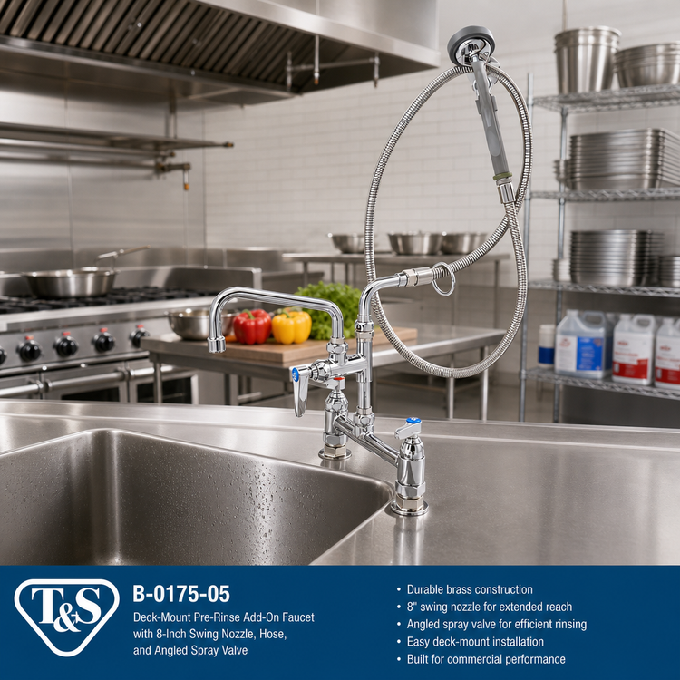 Product image #2 for T&S Brass B-0175-05 Deck-Mount Pre-Rinse Add-On Faucet with 8-Inch Swing Nozzle, Hose, and Angled Spray Valve