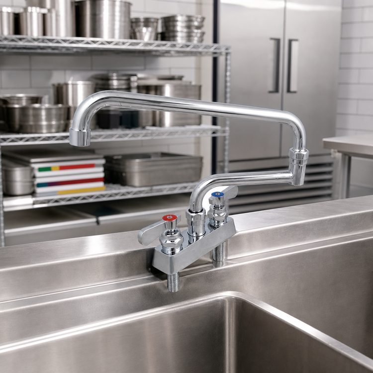 Product image #2 for BK Resources Evolution Series 4-Inch Deck Mount Stainless Steel Manual Faucet with 18-Inch Double Jointed Swing Spout