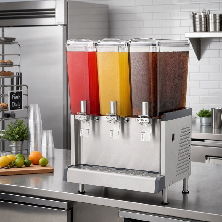 Product image #2 for Crathco Simplicity Bubbler Electric Triple-Agitator Tall Pre-Mix Cold Beverage Dispenser, 3 x 4.75-Gallon Bowls