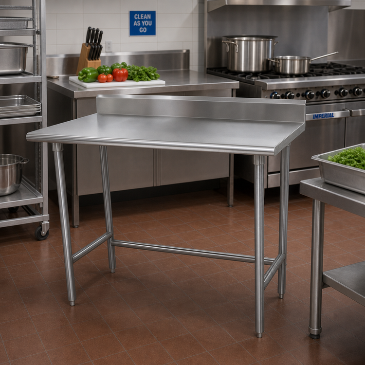 Product image #2 for Advance Tabco Special Value Series 48" x 30" 16-Gauge 304 Stainless Steel Open Base Work Table with 5" Backsplash