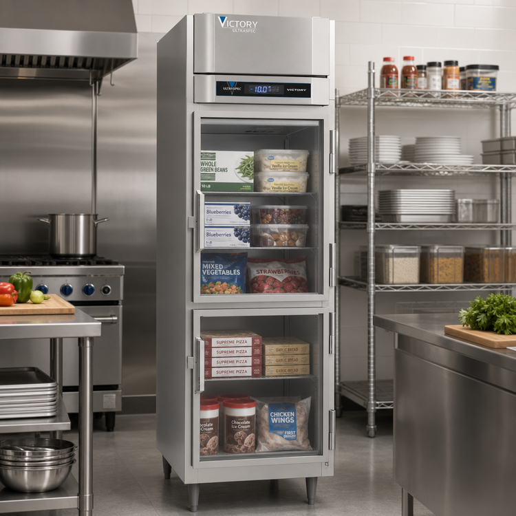 Product image #3 for Victory UltraSpec 1-Section Reach-In Freezer with Half-Height Hinged Glass Doors, 21.01 Cu. Ft., Stainless Steel, Top-Mounted Self-Contained Refrigeration