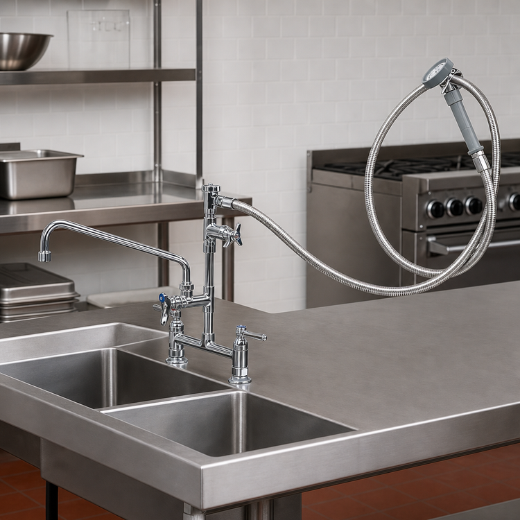 Product image #2 for T&S Brass B-0177 8-Inch Center Deck-Mount Add-On Mixing Faucet with 12-Inch Swing Nozzle and Spray Unit