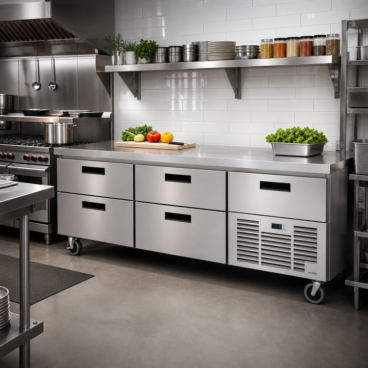 Product image #2 for Garland Arctic Fire 97-Inch Three-Section Refrigerated Drawer Base with 6 Self-Closing Drawers, Remote Refrigeration