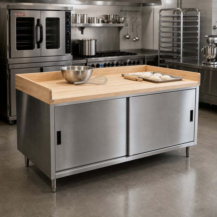 Product image #2 for 72" x 36" Maple Bakers Top Chef Table with Stainless Steel Cabinet Base, Sliding Doors, and 4" Coved Riser