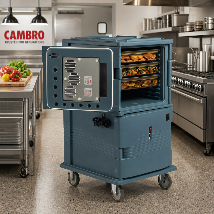 Product image #3 for Cambro Ultra Camcart Heated Front-Loading Food Pan Carrier, Top Door Heated Only, 2-Compartment, 110V, Granite Gray