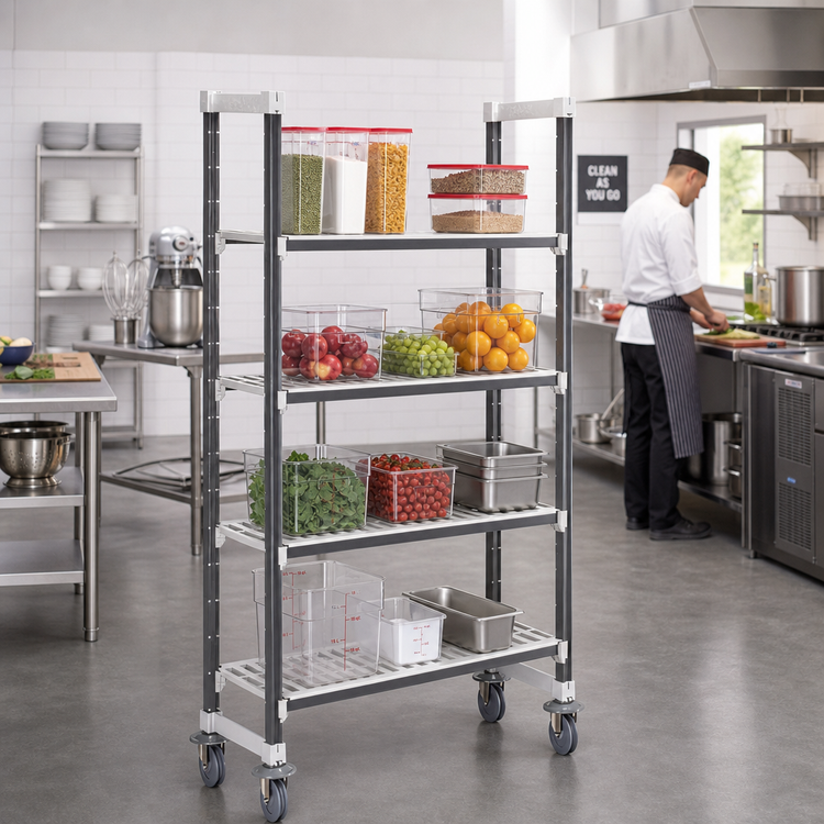 Product image #2 for Cambro Camshelving Elements XTRA High Density Mobile Starter Unit, 18" x 60" x 70-1/4", 4-Shelf Vented, Speckled Gray
