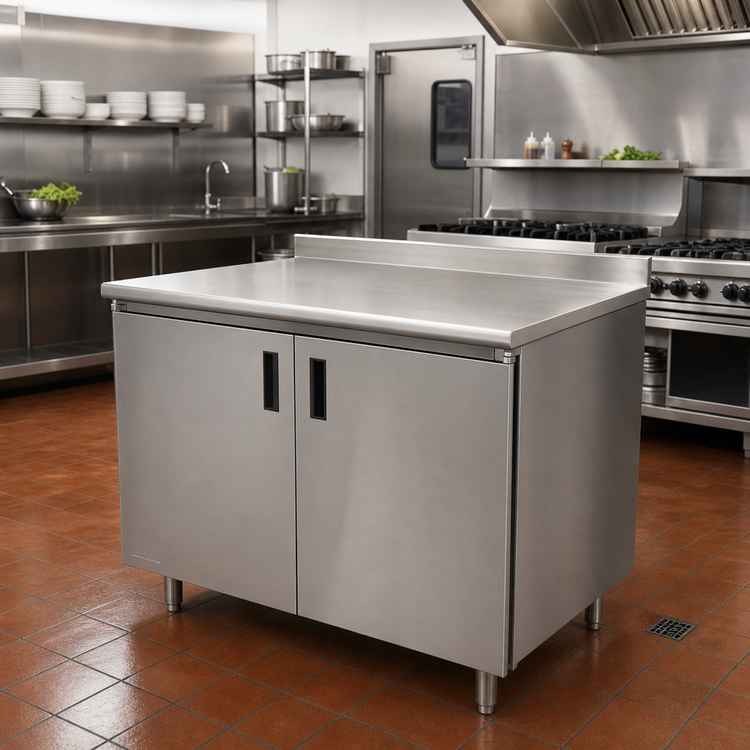 Product image #2 for Advance Tabco 48-Inch x 24-Inch Enclosed Stainless Steel Work Table with Cabinet Base, Mid-Shelf and Hinged Doors