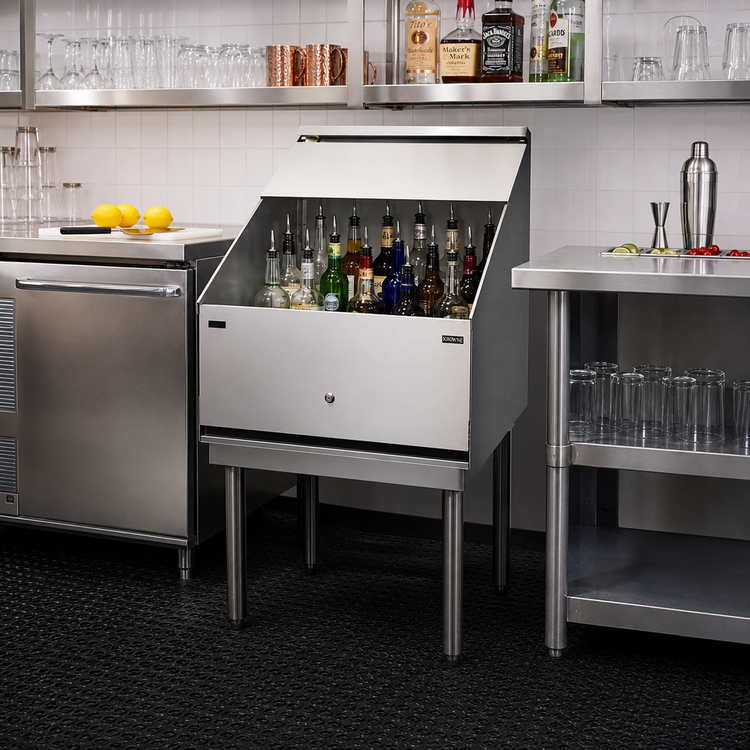 Product image #2 for Krowne Royal Series Stainless Steel Freestanding Underbar Liquor Bottle Display Unit with Removable Locking Cover, 24-Bottle Capacity, 24 x 24 Inches