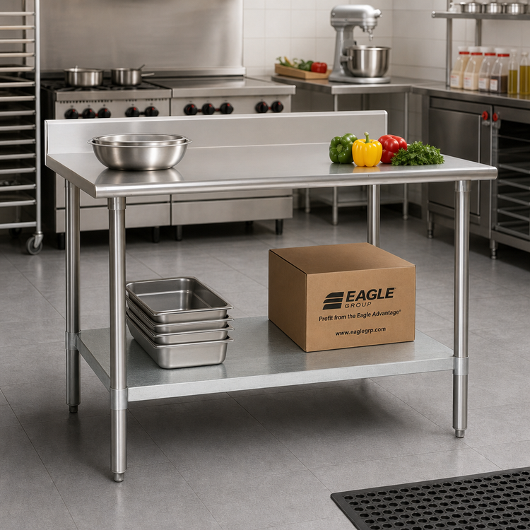 Product image #2 for Eagle Group Budget Series 60-Inch x 24-Inch 430 Stainless Steel Work Table with 4-1/2-Inch Backsplash and Galvanized Undershelf