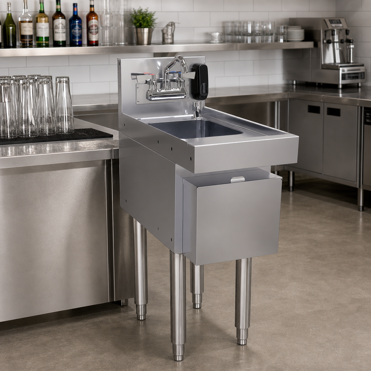 Product image #2 for Glastender Free-Standing Underbar Hand Sink Unit with Splash-Mount Faucet, Soap Dispenser and Towel Dispenser, 12" W x 24" D
