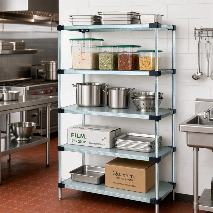 Product image #2 for Quantum 24 x 24 x 63 Inch Solid Shelving Starter Kit, Stationary, Galvanized Steel with Chrome Posts