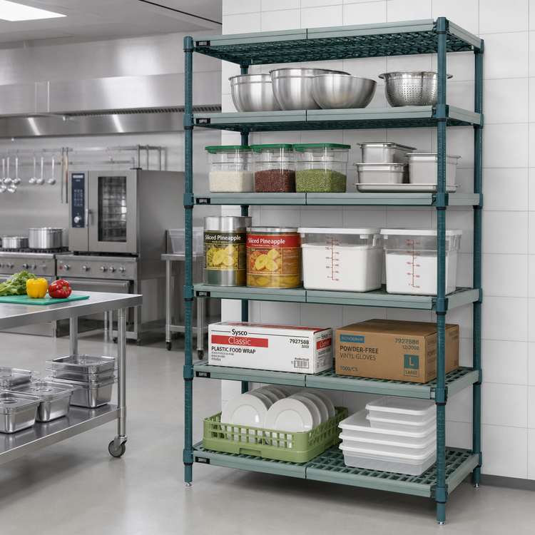 Product image #2 for Quantum Stationary 5-Tier Wire Plastic Mat Shelving Unit, 48 x 24 x 74 Inches, Green Epoxy Antimicrobial Coating