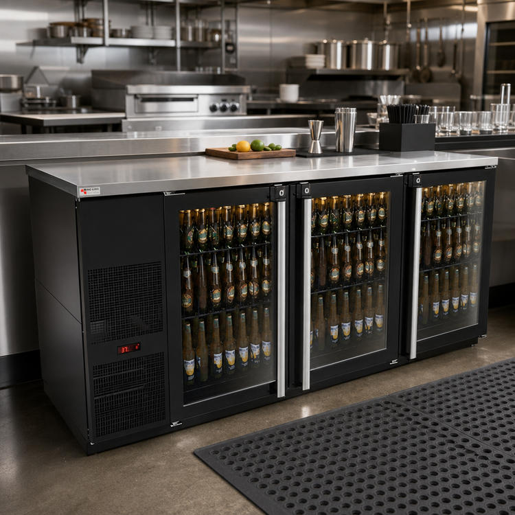 Product image #2 for Pro-Line E-Series Three-Section Refrigerated Back Bar Cabinet, 80 Inch, Self-Contained, 3 Glass Doors