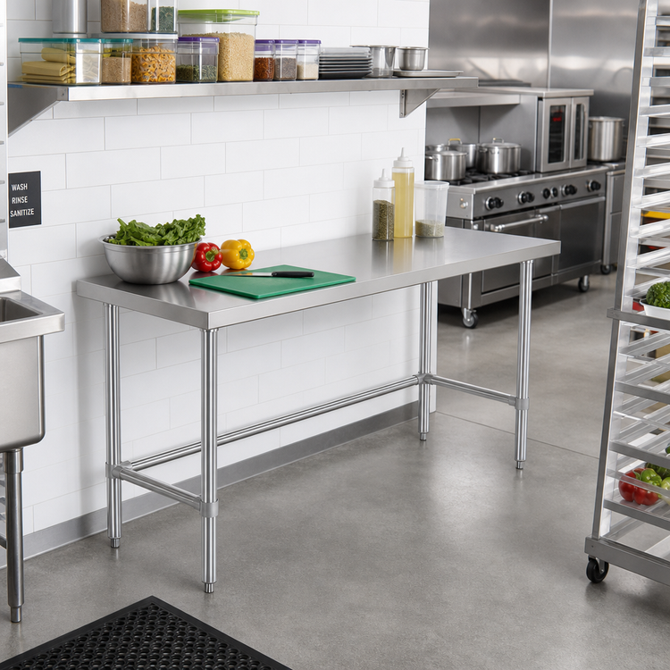Product image #2 for Sapphire 48 Inch x 14 Inch 18 Gauge 430 Stainless Steel Flat Top Work Table with Open Base