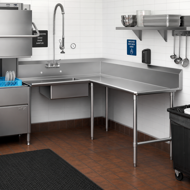 Product image #2 for John Boos Pro-Bowl L-Shaped Corner Soiled Dishtable, 60" Machine Side x 48" End Side, Right-To-Left