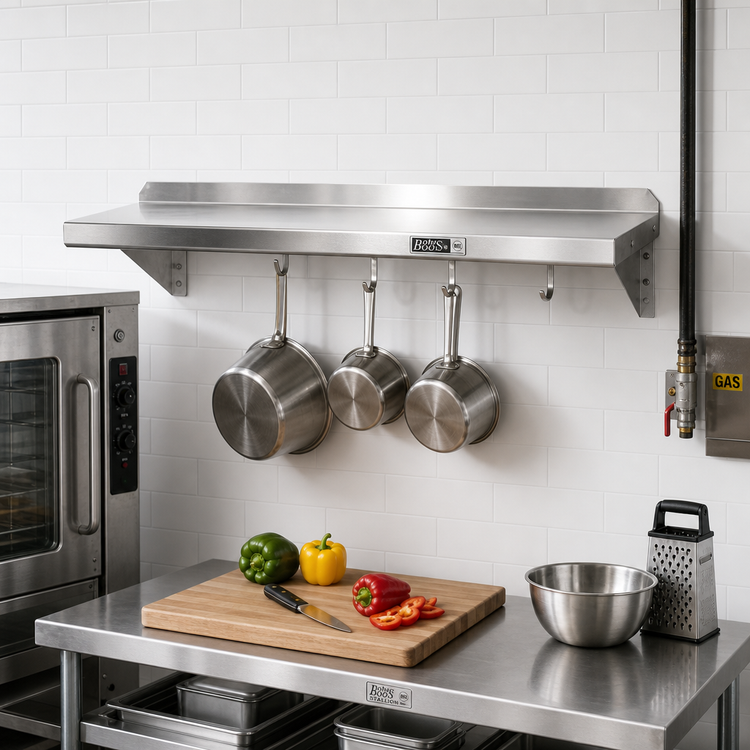 Product image #2 for John Boos Stallion 36-Inch Wall-Mount Stainless Steel Pot Rack Shelf with 3 Hooks