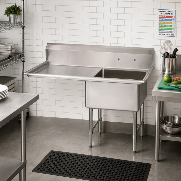 Product image #2 for BK Resources One Compartment Stainless Steel Sink with Left Drainboard and 9-Inch Backsplash, 44-1/2 Inch Wide