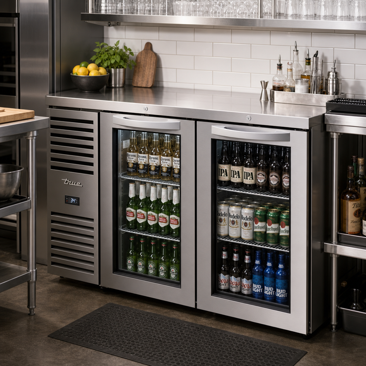 Product image #2 for Two-Section Refrigerated Back Bar Cooler with Glass Doors, 52-Inch Wide, Stainless Steel, Self-Contained Side-Mounted Refrigeration