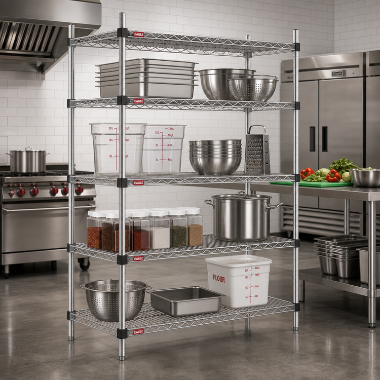 Product image #2 for Eagle Group Quad-Adjust 4-Tier Starter Wire Shelving Unit, 72W x 24D x 74H, Stainless Steel Finish