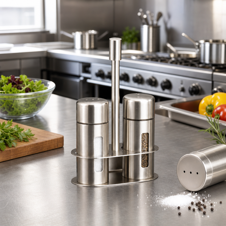 Product image #2 for Stainless Steel Salt & Pepper Shaker Set with Rack Holder, 1 oz.