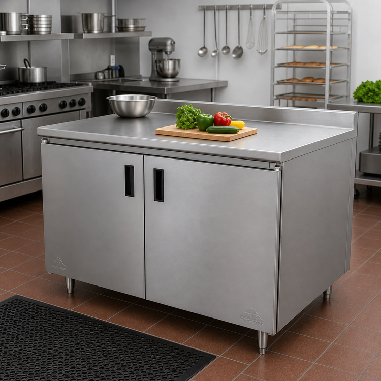 Product image #2 for Advance Tabco Special Value Series Enclosed Work Table with Cabinet Base and Hinged Doors, 84W x 30D, 16-Gauge 304 Stainless Steel Top