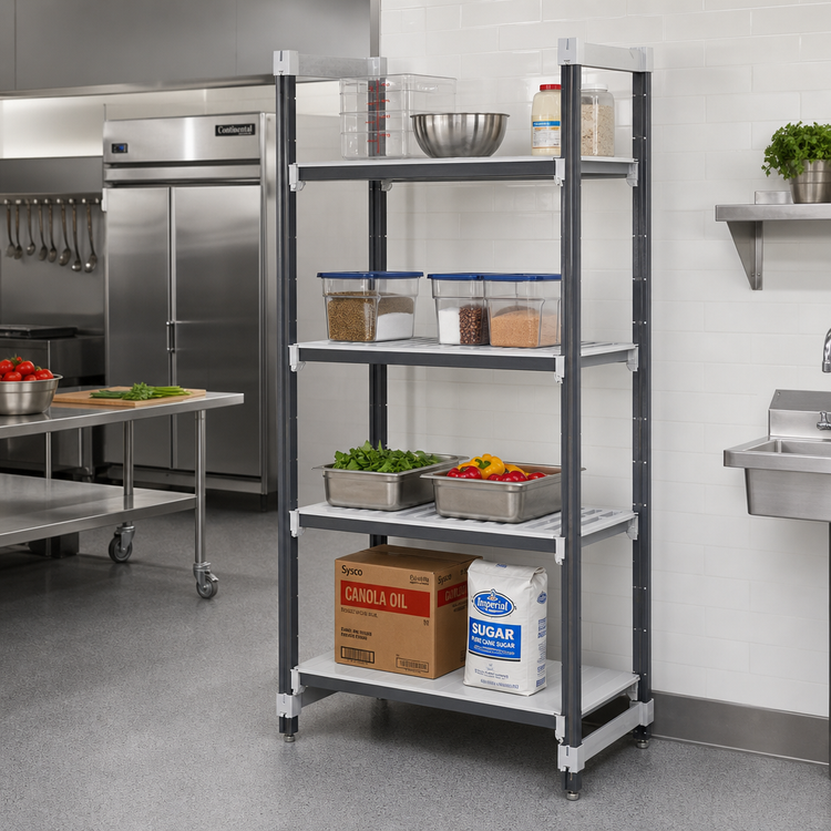 Product image #2 for Cambro Camshelving Elements XTRA 4-Tier Stationary Starter Polymer Shelving Unit, 24 x 54 x 84 Inches, Speckled Gray
