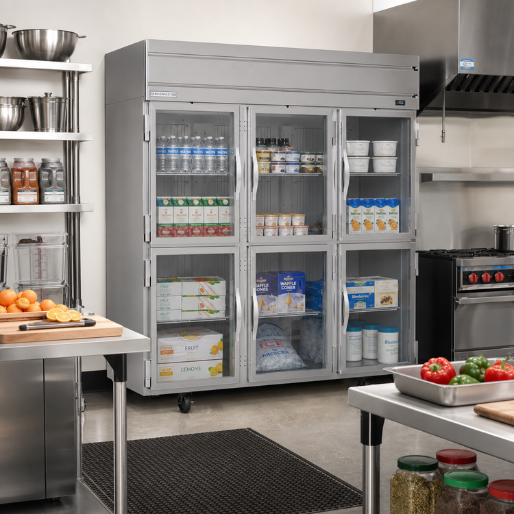 Product image #2 for Beverage-Air Horizon Series Three-Section Half-Glass Reach-In Freezer, 69.1 Cu. Ft., Top-Mounted Self-Contained