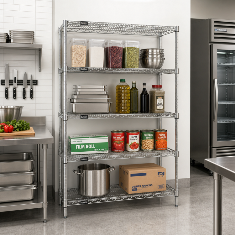 Product image #2 for Quantum 60 Inch W x 12 Inch D x 63 Inch H Chrome Plated Stationary Wire Shelving Starter Kit with 4 Shelves and 4 Posts