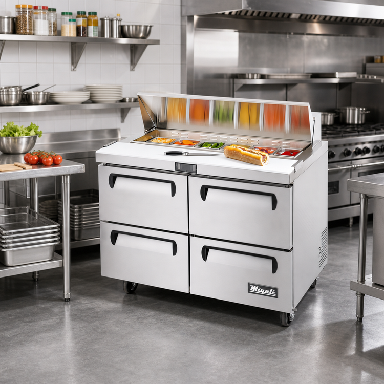 Product image #3 for Migali 48-1/4 Inch Stainless Steel Refrigerated Sandwich Prep Table with 2 Drawers and 12-Pan Capacity