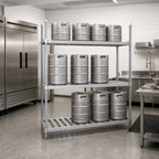 Thumbnail image #2 for Advance Tabco KR-93 Aluminum Keg Rack, 3 Adjustable Shelves, 10-Keg Capacity, 93"W x 20"D x 76"H