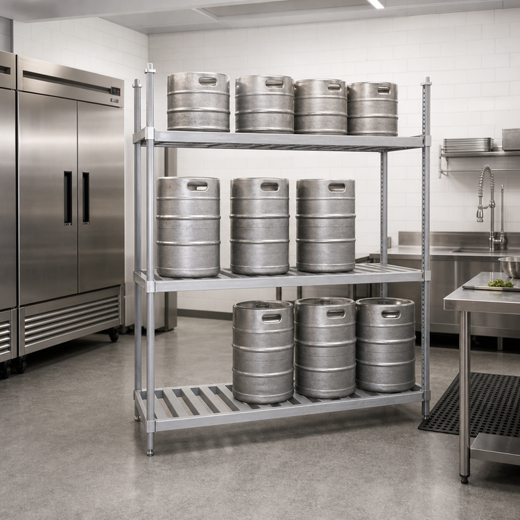 Product image #2 for Advance Tabco Aluminum Keg Rack with Adjustable Shelves, 93 Inch Wide, 10-Keg Capacity